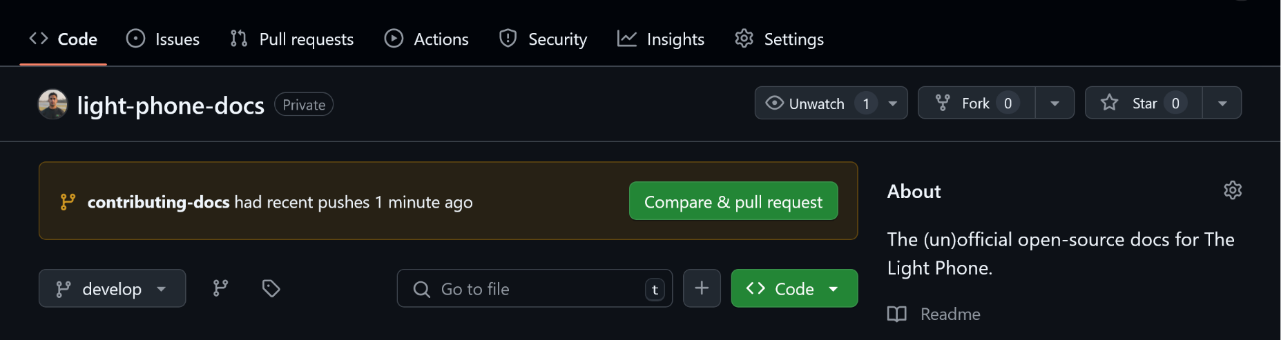 The repository homepage in GitHub with the option to 'Compare & pull request'.