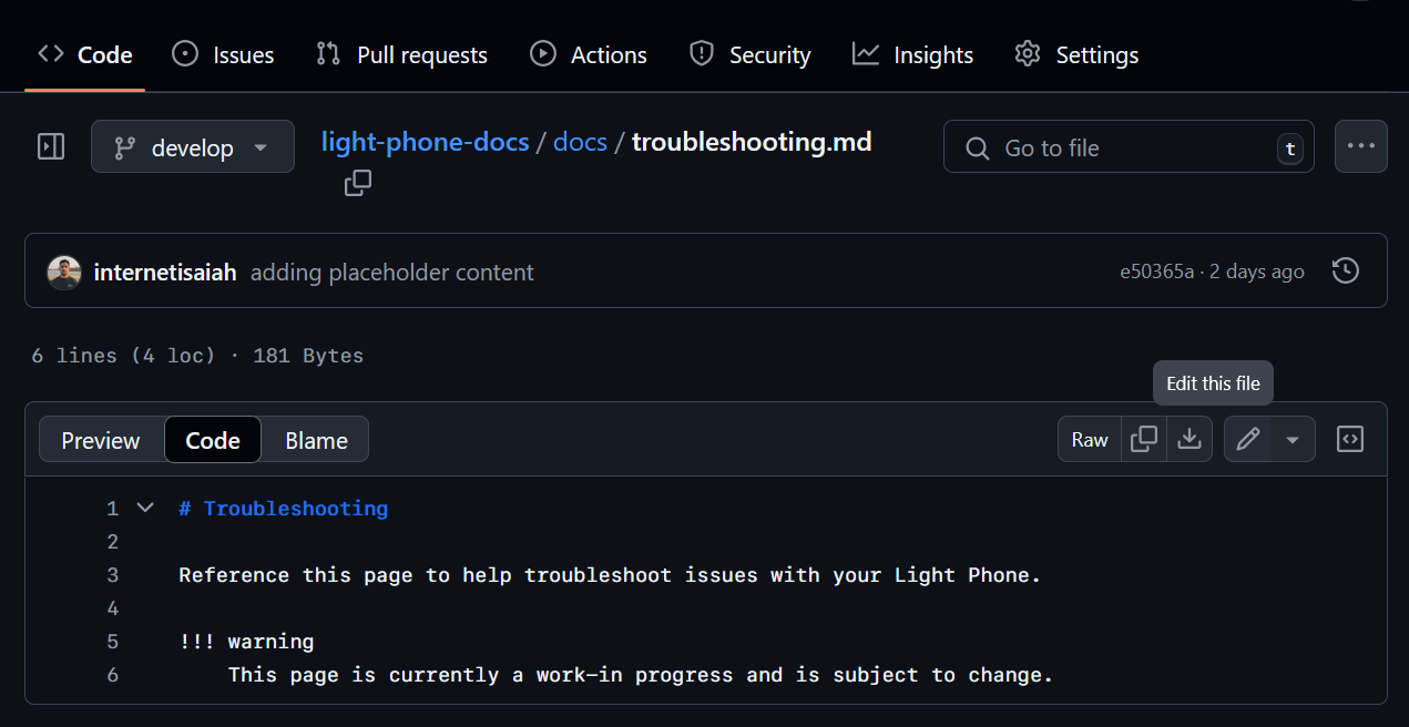 The 'troubleshooting.md' file showing the 'Edit this file' option.