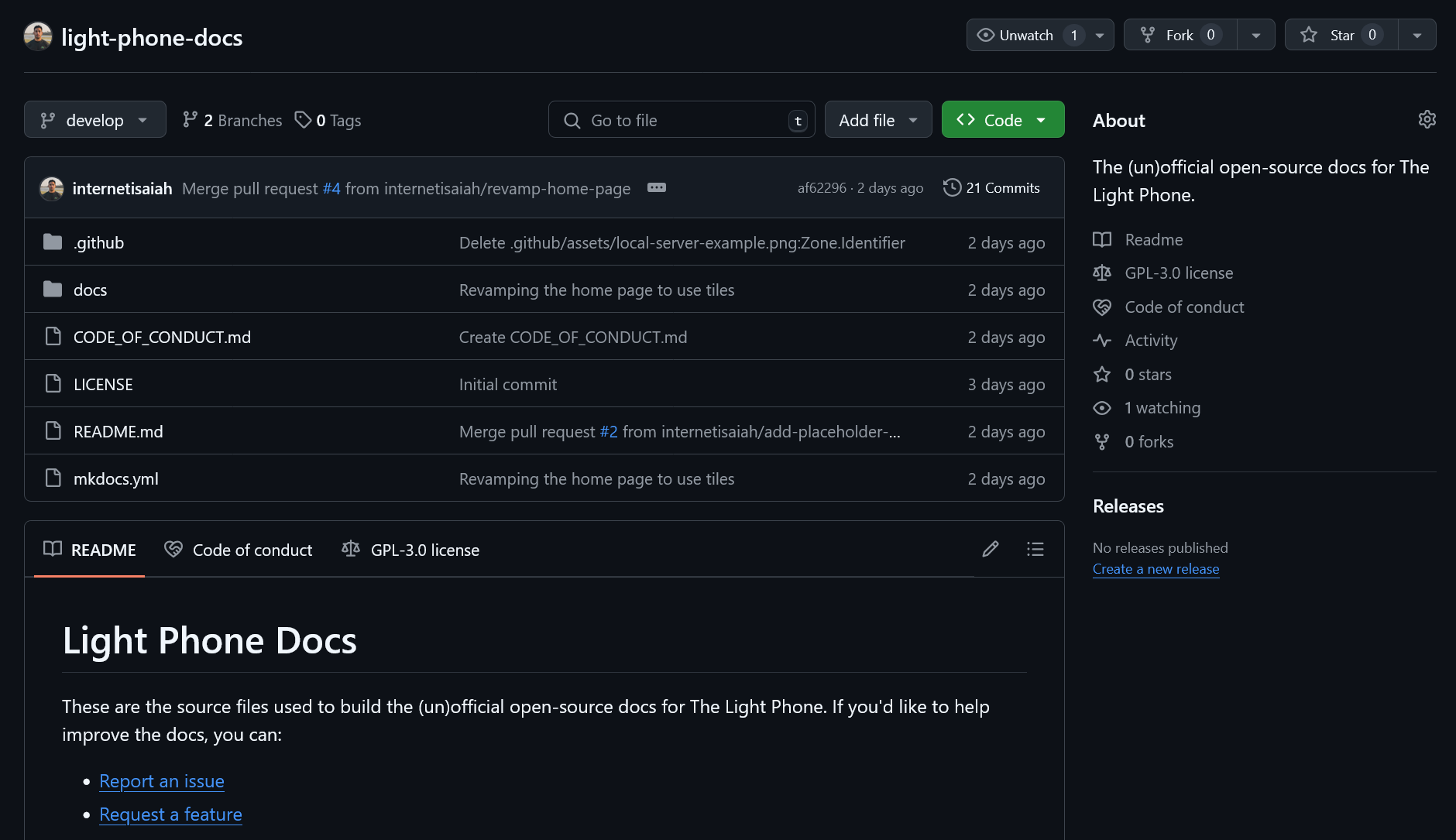 The Light Phone Docs GitHub home page.