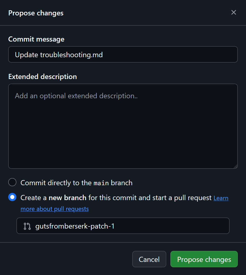 The 'Create a new branch' option selected on the 'Propose changes' window.